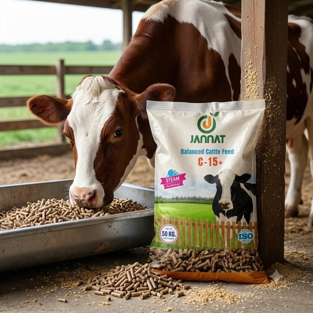 Cow feeding on Jannat pellets