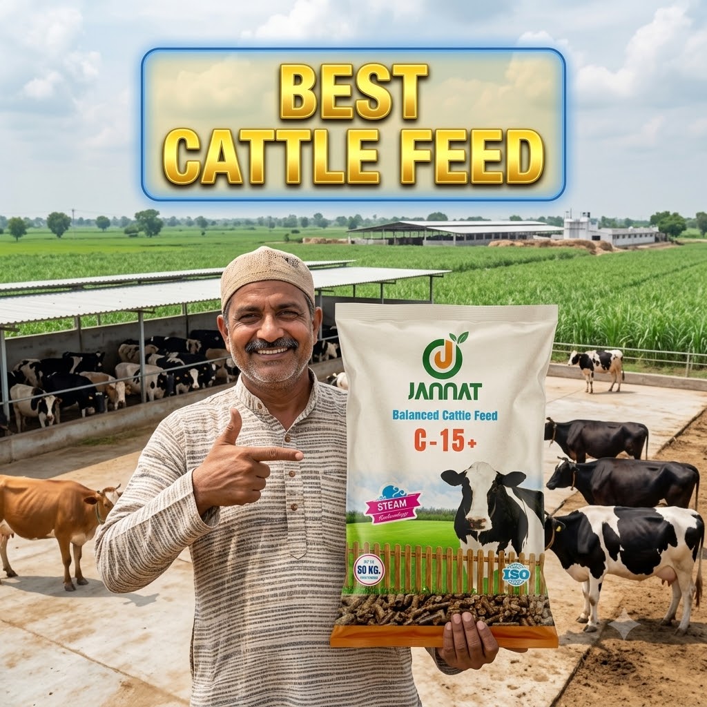 Jannat balanced cattle feed bag at a dairy farm