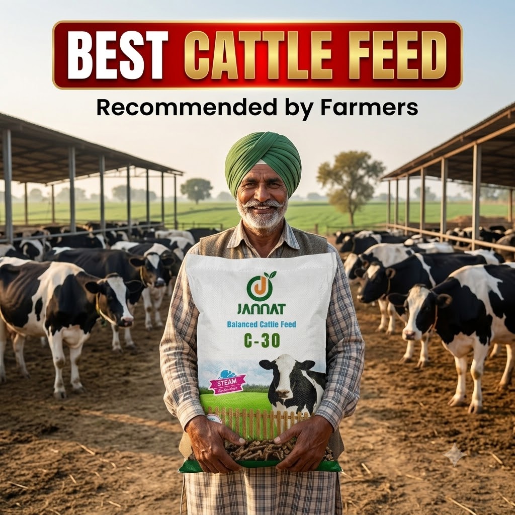 Farmer at a dairy farm with Jannat cattle feed